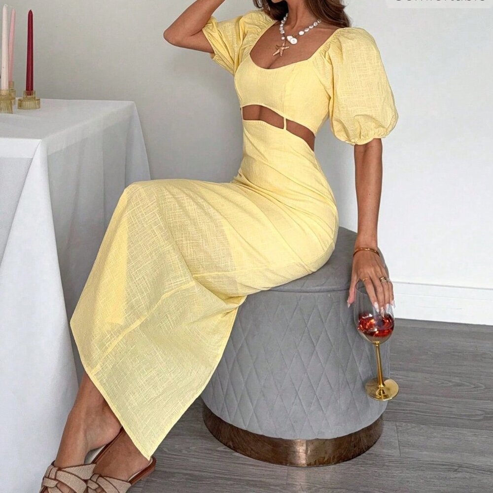 Light Yellow Casual Women's Sweetheart Neckline Puff Sleeve Sundress